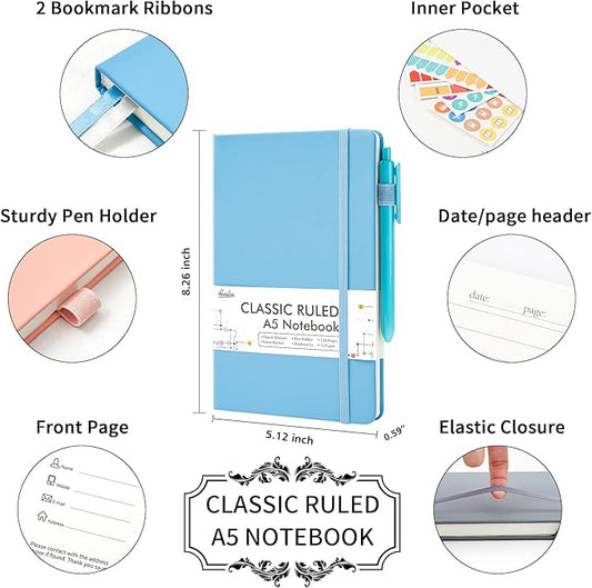 feela 5 Pack Notebooks Journals Bulk, Hardcover Classic Ruled Lined Journals with Pen Holder for Women Girls School Business Supplies, with 5 Black Pens, 120 GSM, 5.1”x8.3”, A5, Mild Colors
