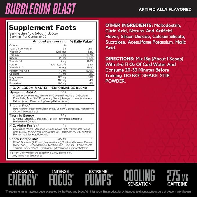 BSN N.O.-XPLODE Cool Rush Pre Workout Powder, Preworkout Energy Supplement for Men and Women with Creatine and Beta-Alanine, New Flavor: Bubblegum Blast, 30 Servings