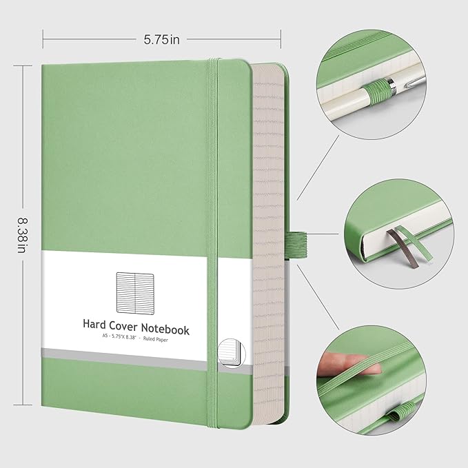 AHGXG Lined Journal Notebook, 320 Numbered Pages Thick Journal for Women, A5 Notebook College Ruled, 100gsm Thick Paper, Faux Leather Hardcover, for Writing Work, 5.75'' X 8.38''-LightGreen