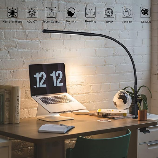 Swing Arm Lamp, 12W Eye-Care Flexible Gooseneck Desk Lamp, Stepless Dimming and Adjustable Color Temperature Modern LED Clamp Light with Memory Function