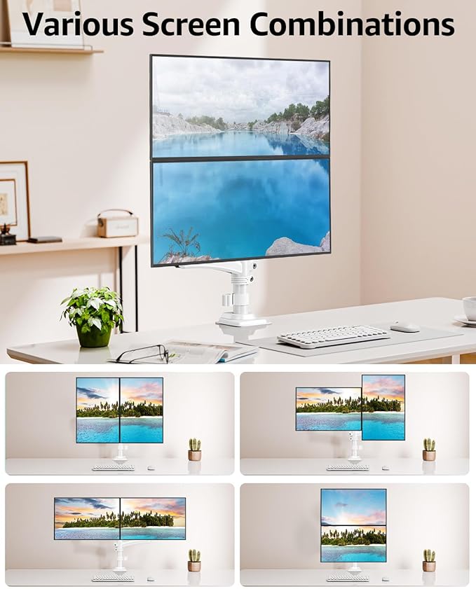 Dual Monitor Stand Holds 4.4-22 lbs Each, Dual Monitor Arm for 2 Monitors, Height Adjustable Computer Desk Mount for Max 32 inch Screens, VESA Mount with C-clamp & Grommet Base, Freelift White