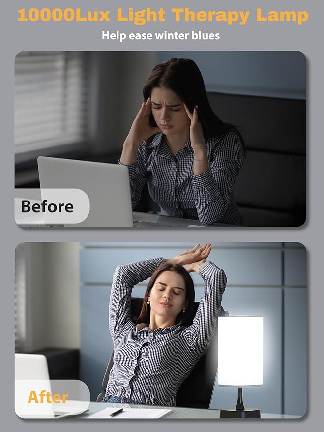 Light Therapy Lamp, 10000 Lux Daylight Lamp with 3 Color Temperatures, Adjustable Brightness, Timer & Memory Function, Sunlight Lamp(Black Base White Shade)