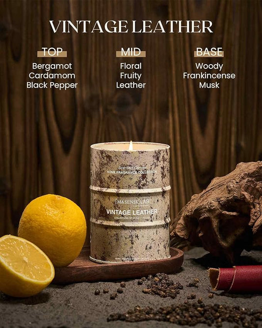 M&SENSE Vintage Leather Scented Candles Natural Non Toxic, Aromatherapy Candle for Stress Relief Meditation Relaxing, Housewarming Gifts for Women Men, 11.3oz 70 Hour Long Burning