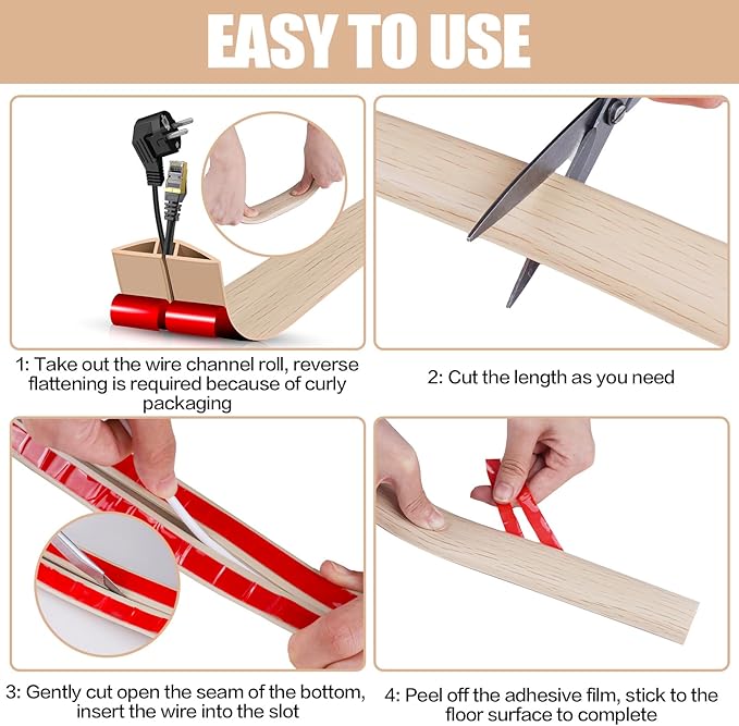 Floor Cord Cover Self Adhesive Cord Hider,10FT Cable Management, Extension Strip Protector for Wires, Prevent Cable Trips for Offices, Gyms, Exhibitions Cavity:0.51"(W) x 0.3"(H) Yellow Wood