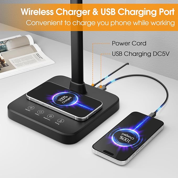 ShineTech LED Desk Lamp for Home Office, 24W Double Head Desk Light with Wireless Charging, USB Port, 25 Lighting Modes Adjustable Gooseneck Lamps