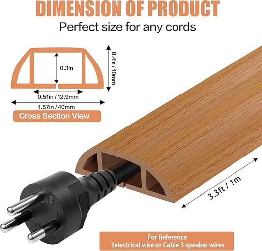 Floor Cord Cover Self Adhesive Cord Hider,3.3FT Cable Management, Extension Strip Protector for Wires, Prevent Cable Trips for Offices, Gyms, Exhibitions Cavity:0.51"(W) x 0.3"(H) Brown Wood