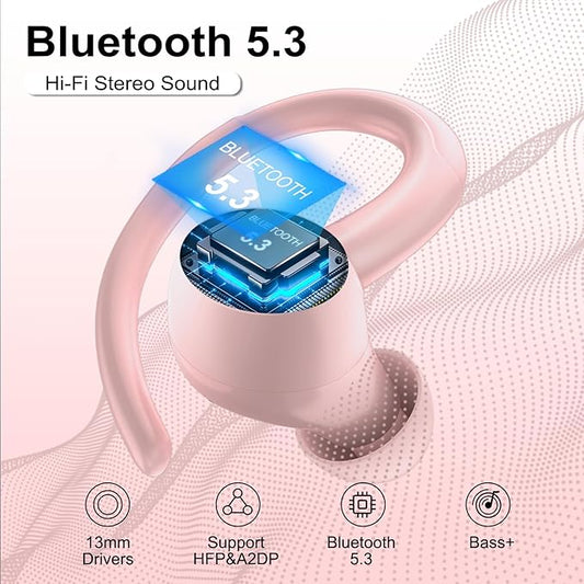 Wireless Earbuds Bluetooth 5.3 Headphones Sports, 48Hrs Playtime Bluetooth Earbuds with CVC 8.0 Mic, 2025 Stereo Bass Over Ear Bud with Earhooks, LED Display, IP7 Waterproof Earphon for Running Rose