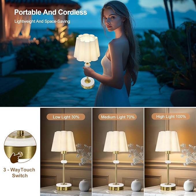 Cordless Lamp,Night Light, 4400mAh Battery Operated Lamp, Lamps for Living Room with Linen Shade, Touch Lamps for Night Stands with Marble Base, Gold Desk Lamp for Bedroom(Bulb Included)