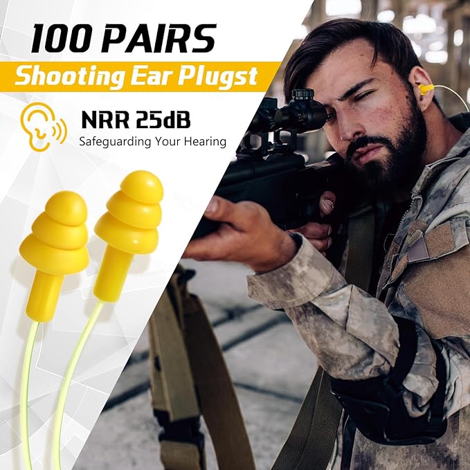 100 Pair Ear Plugs Reusable Silicone Earplugs with Cord, 25db Corded Ear Plugs for Shooting Hunting Hearing Protection Lightweight Earplugs for Sleeping Noise Cancelling Work Construction