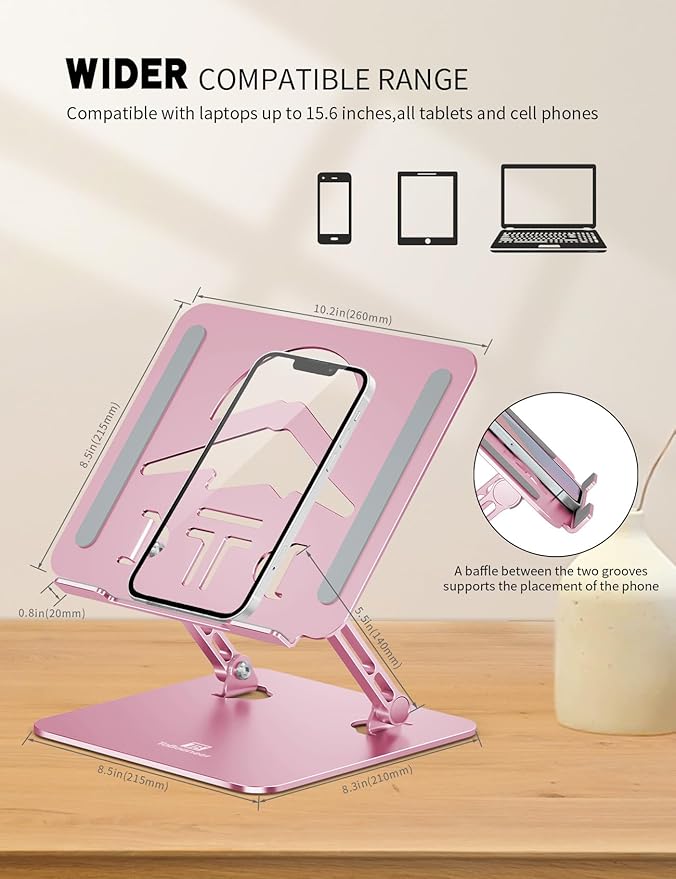 Laptop Stand Adjustable Laptop Holder for Desk, Foldable Laptop Riser Portable Computer Stand Compatible with MacBook, Lenovo, HP and All Laptops up to 15.6 inches Puce Pink