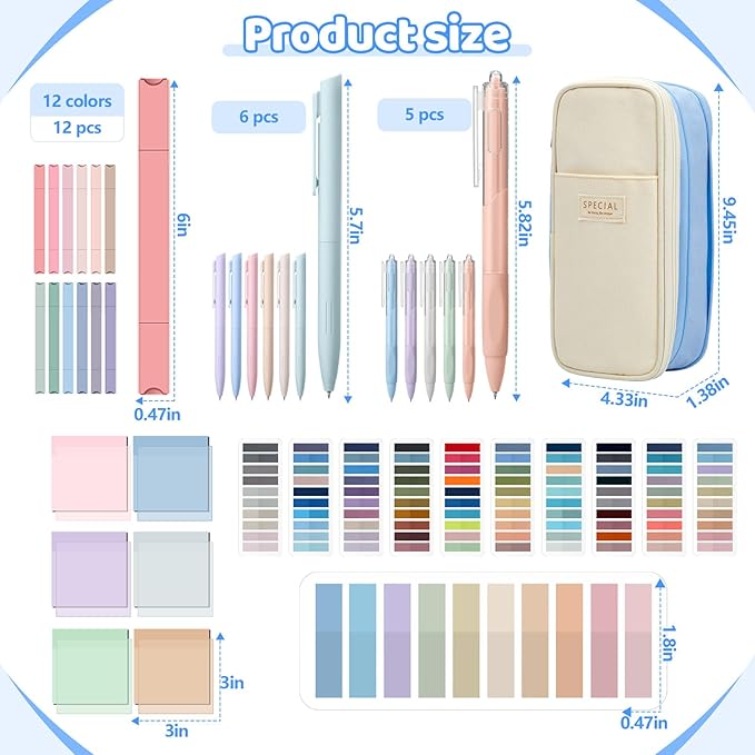 135 Pcs Book Annotation Kit Aesthetic Pencil Case Bag with 12 Highlighter 11 Gel Pen 1 Marker 300 Sheets Transparent Sticky Notes Pads 2640 Index Tabs Bible Study Supplies for School Gift(Light Blue)