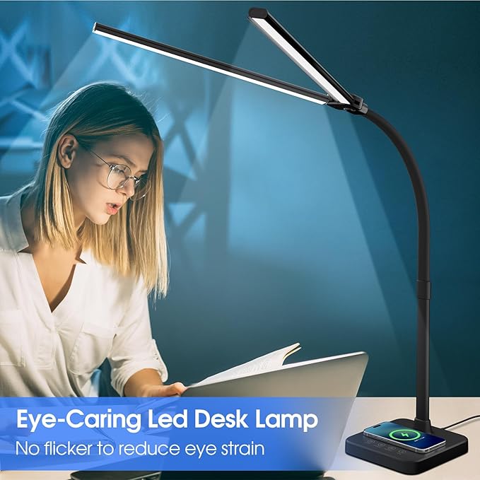 ShineTech LED Desk Lamp for Home Office, 24W Double Head Desk Light with Wireless Charging, USB Port, Adjustable Gooseneck Lamps, 5000K Daylight White
