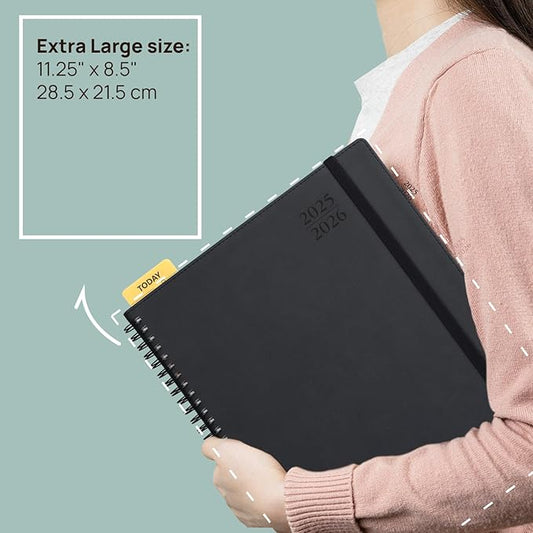 POPRUN 2025-2026 Monthly Planner Spiral Bound, 8.5'' x 11.25'' Academic Calendar (July 2025-July 2026) Appointment Book with Stair Tabs, Leather Cover, 4 Pages per Month with Notes - Midnight Green