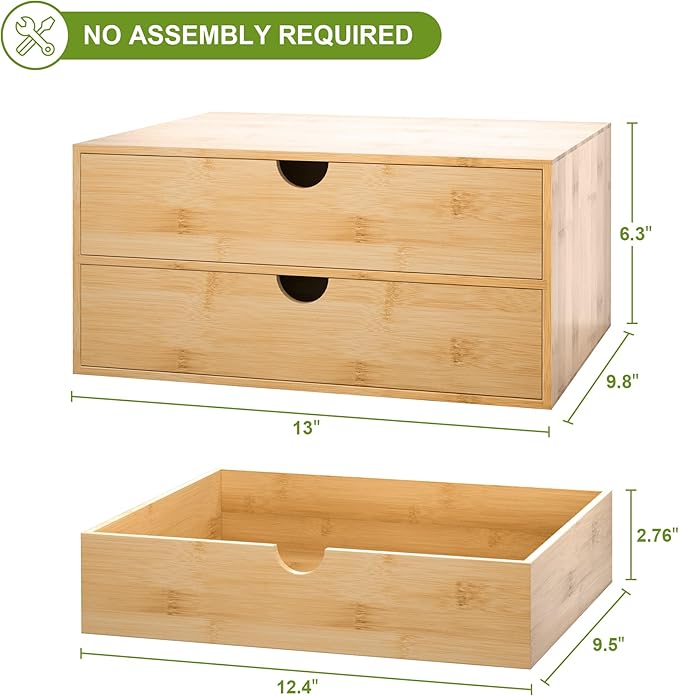 Wisuce Bamboo Desk Drawer Organizer, Large Desktop Organizer with Drawers Tabletop Storage Organization Box for Office Home Toiletries Supplies Vanity, No Assembly Required (2 Drawer)
