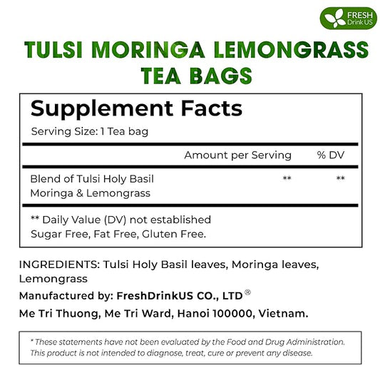 FreshDrinkUS, Premium 55 Tea Bags Tulsi Moringa Lemongrass, 100% Natural & Pure from Tulsi Holy Basil Leaves, Moringa & Lemongrass. Made with Natural Material Tea Bags. No Sugar, No Caffeine, Vegan.