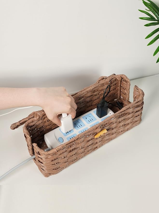 Temary Cable Management Box with Lids, 2-Pack Handmade Cable Organizer Boxes for Home, Office to Hide Cords and Power Strip, Cord Cover Floor Hider Set Woven Rattan Cable Organizer Box (Brown)