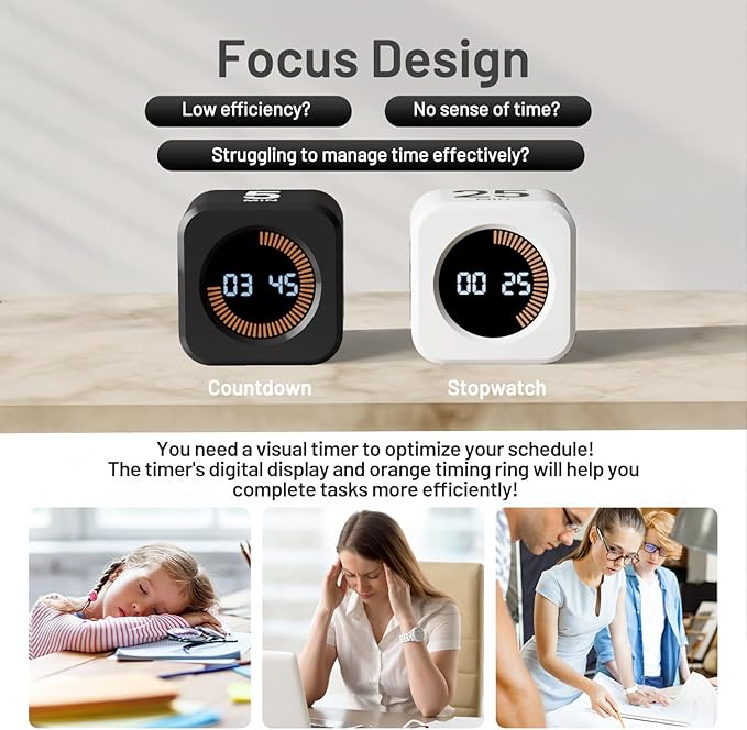 Rotating Pomodoro Timer, 5/10/25/50 Minutes, Countdown & Stopwatch, Desk Productivity, ADHD Tool Cube Flip Timer, Adjustable Silent, for Study, Work, Kitchen (White)