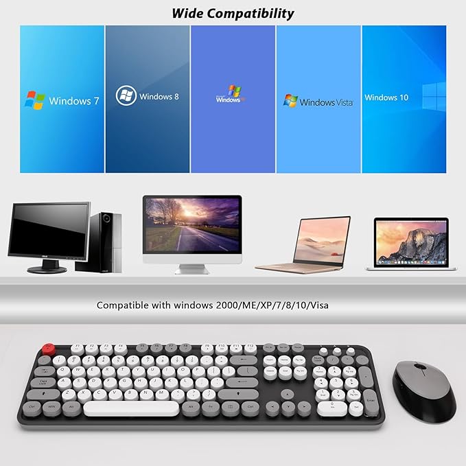 Wireless Keyboard Mouse Combo, Colorful Mouse and Keyboard Combo, 104 Keys Cute Wireless Keyboard with Number Pad for Windows, Computer, PC, Notebook, Laptop (Grey)