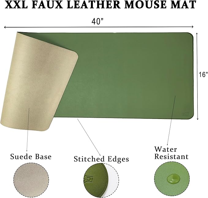 PU Leather Desk Mat| Premium Mouse Pad with Bonus Coaster | Stylish, Durable, Waterproof Mouse Pad for Office & Home (Green, XXL - PU Gift Set)