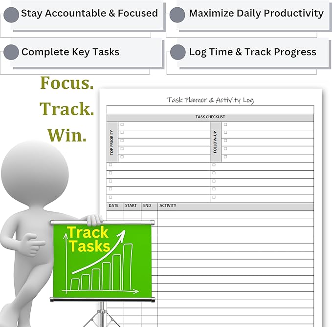 Task Planner & Activity Log Notepad – 60 Page Undated Daily & Hourly Planning Pad, To-Do List, Checklist, Track Time & Tasks, ADHD Tracker – Organize Workday, Boost Productivity – 8.5 x 11 Tear Sheets