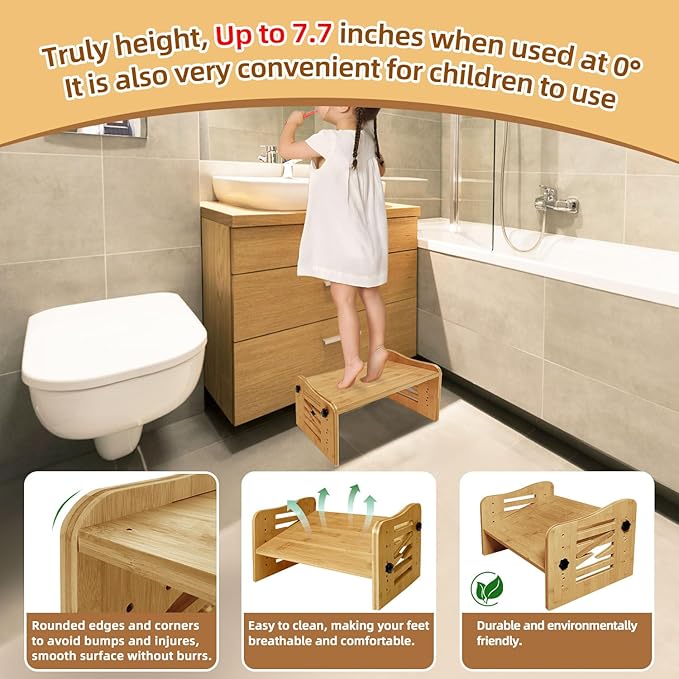 Myplace Bamboo Adjustable Under Desk Footrest with Memory Foam Pad - Ergonomic Foot Rest with 7-Level Adjust, Slanted Foot Rest Stool for Home Office Kitchen Bedroom (Burlywood)