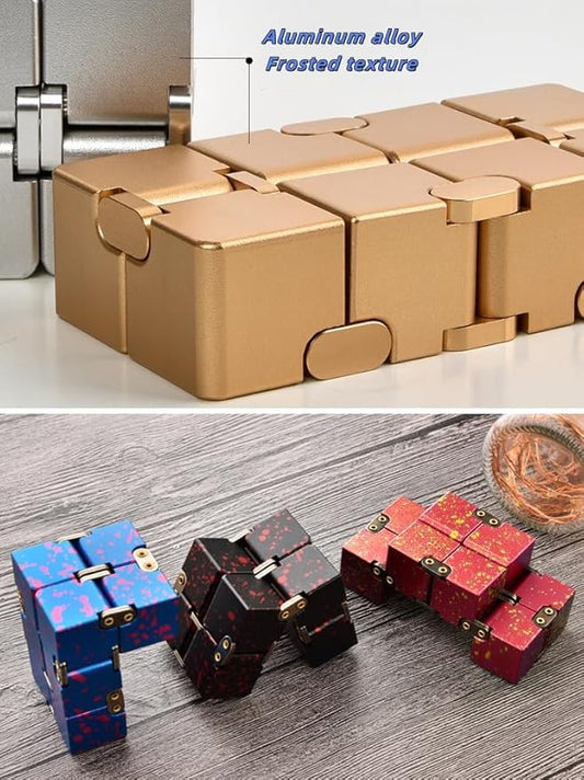 Metal Infinity Cube Fidget Toy - Aluminum Alloy Anti-Stress and Anxiety Finger Flip Cube for Adults, Men, and Women, Ideal Desk Toy for Work or Home - Infinity Cube Desk Toy (Gold)
