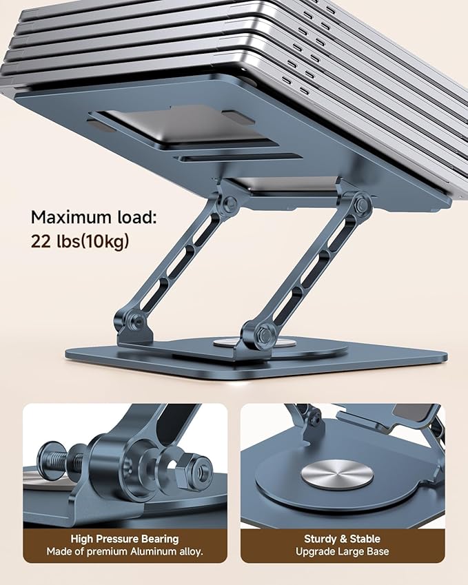 Laptop Stand for Desk, Ergonomic Laptop Riser with 360° Rotating Base, Foldable Notebook Computer Holder Stand Compatible with MacBook Air Pro, Dell XPS, More 10-15" Laptops, Navy