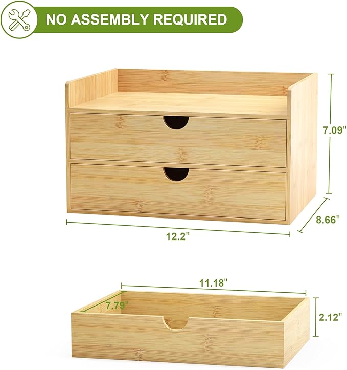 Desk Organizer with Drawers - Bamboo Desktop Organizer Storage | Wood Desk Drawers Organizer for Bills, Office Supplies, Cosmetics, Seals No Assembly Required (2 Drawer)