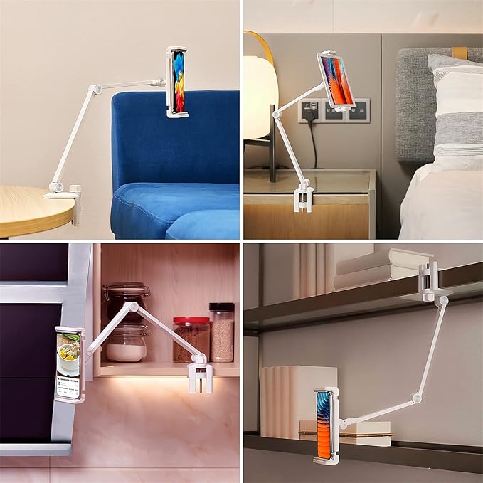 Viozon Tablet Stand Holder Mount, Rotate 360 Degrees of Flexible, Height and Angle Adjustable, High-Grade Aluminium Alloy Long Arm Compatible with 4.5-13 Mobile Phone and Tablet, iPhone, iPad(White)
