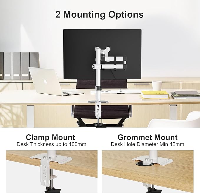 Bracwiser Monitor Mount Single Fully Adjustable Arm Monitor Arm Fits One Screen 13-32 inch 22lbs for Monitor Computer Screen 13 15 17 19 20 22 23 24 26 27 30 32 inch VESA 75 100, White(MD7421W)