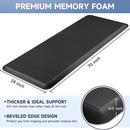4/5 Inch Thick Kitchen Mats for Floor, StepRite Kitchen Rug for Standing Desk, Non-Slip, Thicker, Stain Resistant, Waterproof, Comfort Anti Fatigue Floor Mat for Home, Kitchen, Office - Black,70*24''