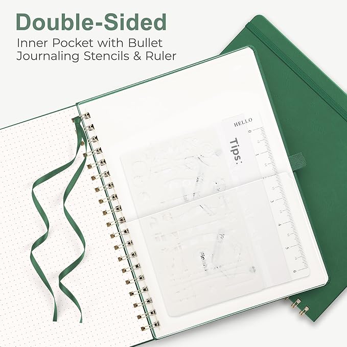 RETTACY Bullet Dotted Journal Notebook, 140 Pages, B5 Medium Size (7.6" × 10"), Leather Hardcover, 100 GSM Thick Paper, Spiral-bound, for Bullet Journaling, Planning, Tracking (Dark Green)