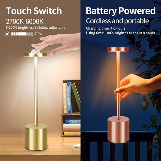 2 Pack Rechargeable Cordless Metal Table Lamps, LED Bedside Lamps with 3-Color Dimming, Portable Small Desk Lamps for Bedroom, Outdoor, Restaurant, Bar, Café, Camping Use