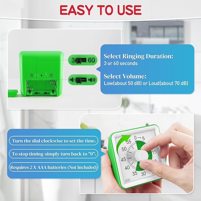 Secura 60-Minute Visual Timer, Classroom Timer, Countdown Timer for Kids and Adults, Time Management Tool for Teaching (Green & Green)