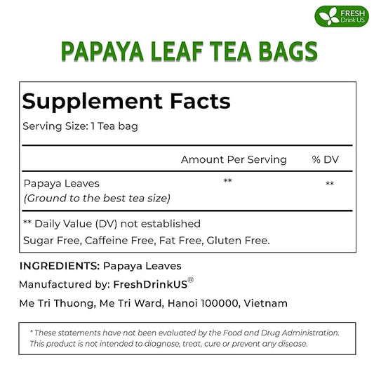 FreshDrinkUS, Premium 25 Papaya Leaf Tea Bags, 100% Natural & Pure from Papaya Leaves. Loose Leaf Papaya Herbal Tea. Made with Natural Material Tea Bags. No Sugar, No Caffeine, No Gluten, Vegan.