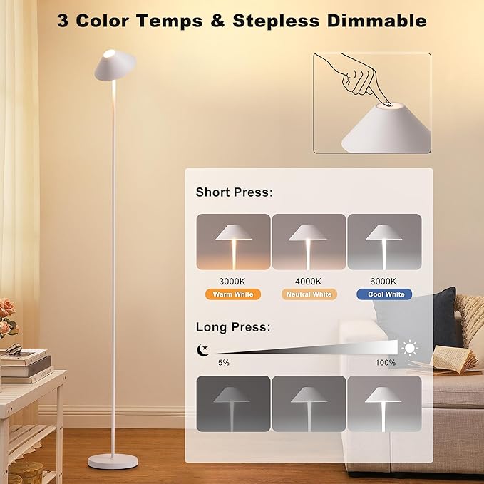 Rechargeable Floor Lamp for Indoor/Outdoor, Cordless Tall Standing Lamp with 3 Color Temps & Dimmable, IP43 Waterproof, Adjustable Height 16-59 Inch, LED Floor Lamp for Living Room, Bedroom, Patio