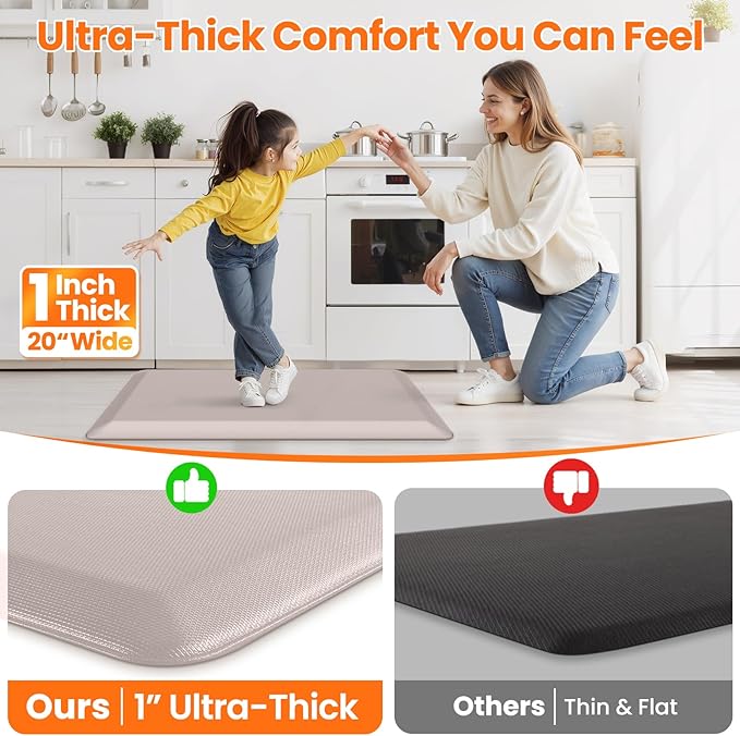 Kitchen Mats for Floor, 1 Inch Extra-Thick Kitchen Rugs, Non-Slip & Waterproof Standing Desk Mat, Comfort Anti Fatigue Mats for Kitchen Floor, Home, Sink, Office (20" X 39", Khaki)