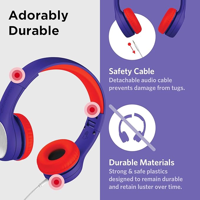 LilGadgets Connect+ Style On-Ear Kids Headphones with Microphone - SharePort Technology, SoftTouch Padding, Detachable Cable, Noise Reduction, Durable & Adjustable - Blue/Red Headphones for Kids