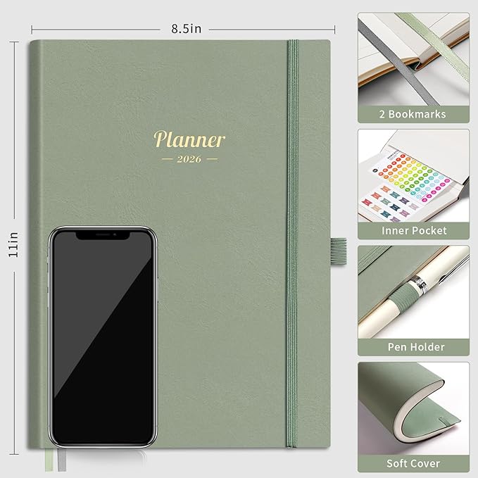 AHGXG 2026 Planner, Weekly and Monthly Planner 2026-2027, Large A4 8.5"x11", Calendar 15-Months Jan 2026 - Mar 2027, Vegan Leather SoftCover, Inner Pocket, Sage Green