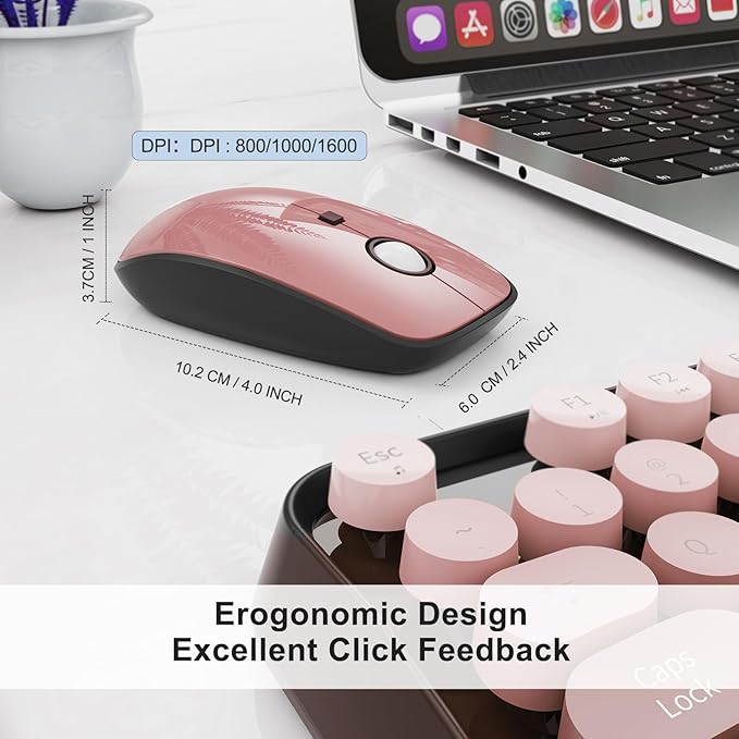 Wireless Keyboard Mouse Combo,104 Round Keys Cute Colorful Keyboard with Retro Typewriter Style,Letton Full Size Keyboard with Number Pad&Mouse with 3 DPI for PC Mac Laptop Computer Windows-Black