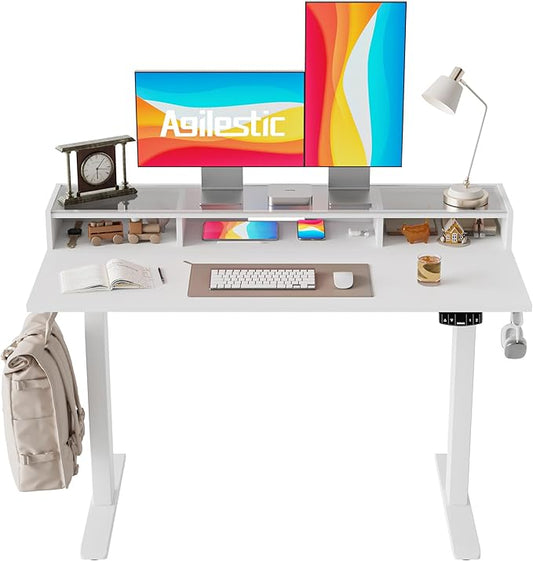 Agilestic Glass Standing Desk with Storage, 48 Inch Electric Adjustable Desk with Glass Shelf, Sit Stand Up Home Office Computer Table, Splice Board, White