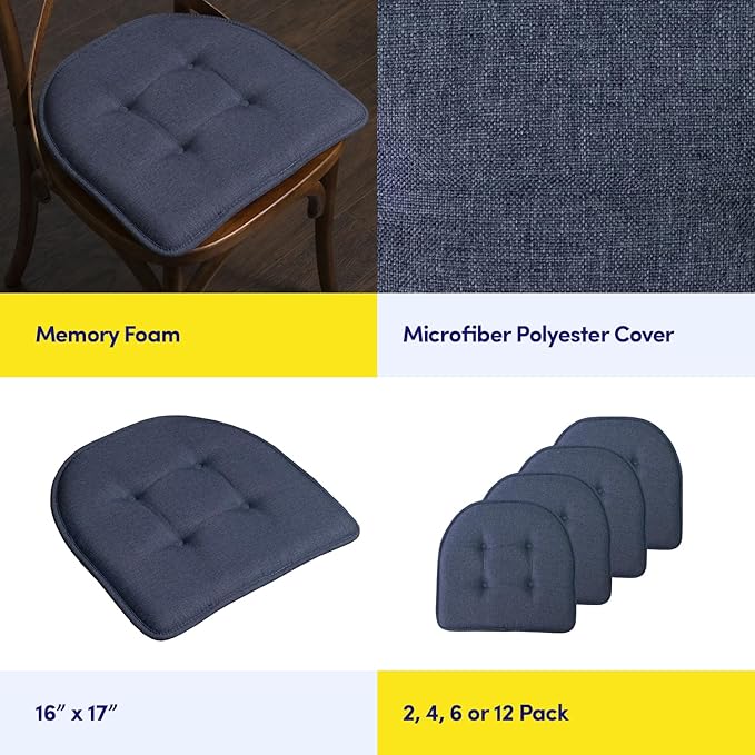 Sweet Home Collection Chair Cushion Memory Foam Pads Tufted Slip Non Skid Rubber Back U-Shaped 17" x 16" Seat Cover, 6 Pack, Denim Blue