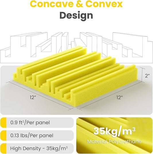 12 Pack Acoustic Foam Panels for Walls, 12" x 12" x 2" Soundproof Wall Panels, Self-Adhesive Soundproofing Padding, High Resilience Sound Absorbing Panels for Home Studios, Offices - Yellow
