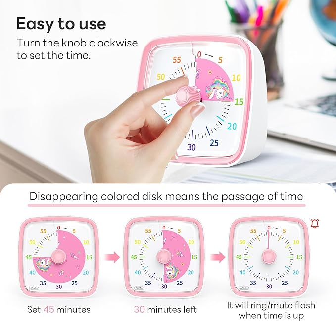 Yunbaoit Visual Timer with Night Light, 60-Minute Unicorn Countdown Timer for Kids and Adults, Time Management Tool for Home, School, Kitchen, or Office (Pink)