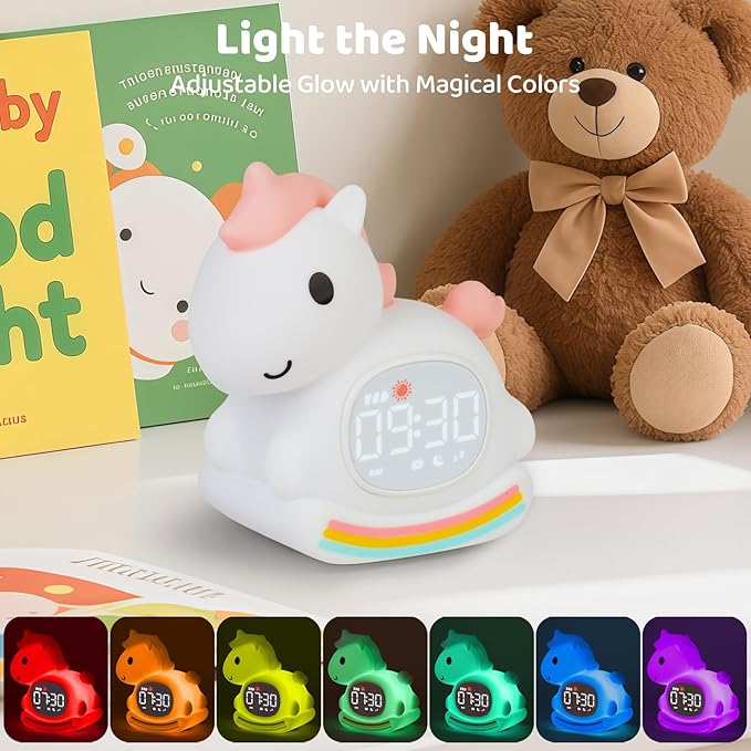 Alarm Clock with Night Light for Kids with Sleep Training and Sound Machine, Rechargeable Silicone Lamp OK to Wake Clock,Cute Animal Tabletop Lamp, Perfect Sleep Companion for Boys Girls,Pink Pony