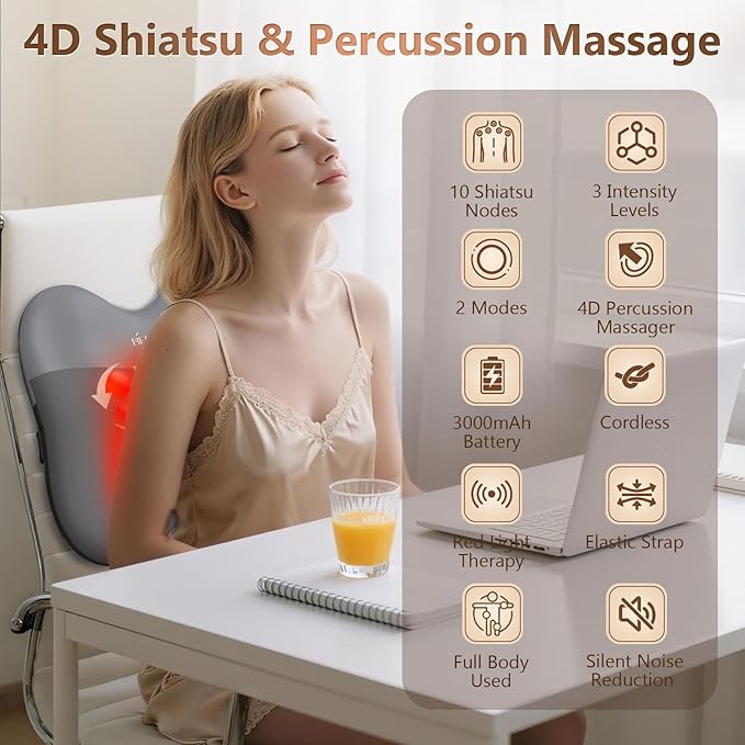 Back Massager, Shiatsu and Percussion Massage, Cordless Lower Back Massage for Pain Relief Deep Tissue, Back Massager with Heat,4D Neck Massager and Massage Pillow fror Shoulder,Grey