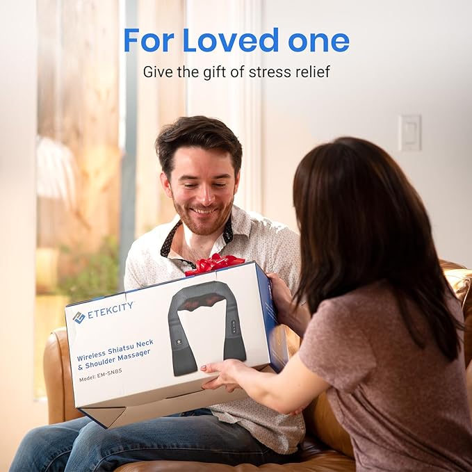 Etekcity Cordless Neck & Back Massager with Heat, Deep Tissue Shiatsu, Rechargeable Shoulder Pain Relief Wearable, 8 Nodes, 3 Intensities, Bi-Directional, 180-Min Battery, Soft PU Leather, Best Gift