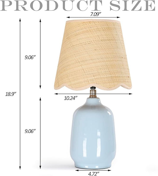 Pia Ricco 19" Modern Ceramic Table Lamp for Living Room Light Bule Base Desk Lamps for Bedroom Farmhouse Bedside Nightstand Lamp End Table Lamps,Bule,Rattan Shade