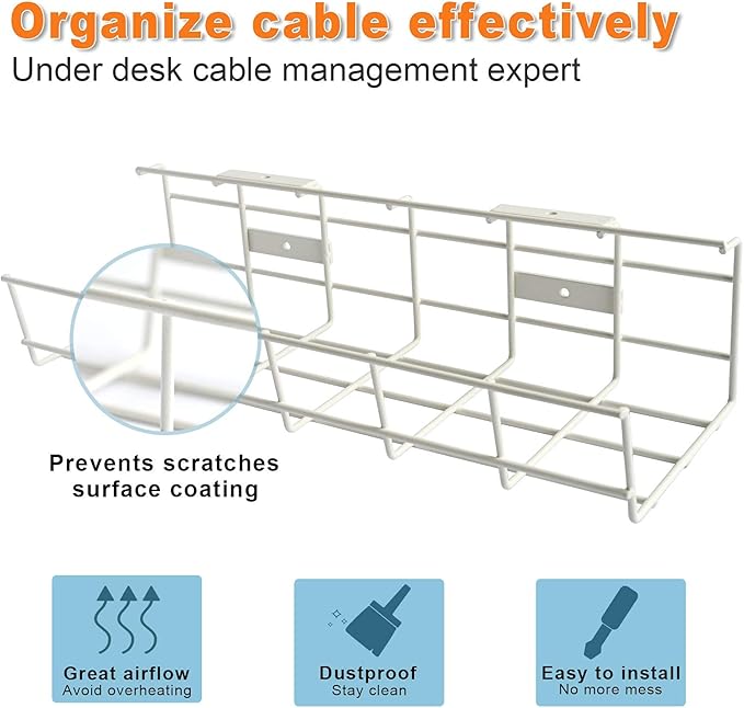 Under Desk Cable Tray - 2 Pack Cable Raceway for Wire Management. Metal Wire Organizer for Office, Studio and Home. Super Sturdy Cord Organizer for Desk - White Cable Management Under Desks