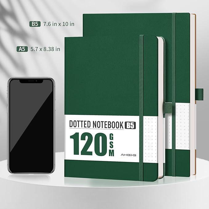 AHGXG Bullet Dotted Journal - Dot Grid Notebook Journal, 120 GSM Thick Acid-Free Paper, A5 Dotted Notebook 160 Pages, Leather Hardcover, Inner Pocket, Journal Stencil, 5.7'' × 8.3'' - Green